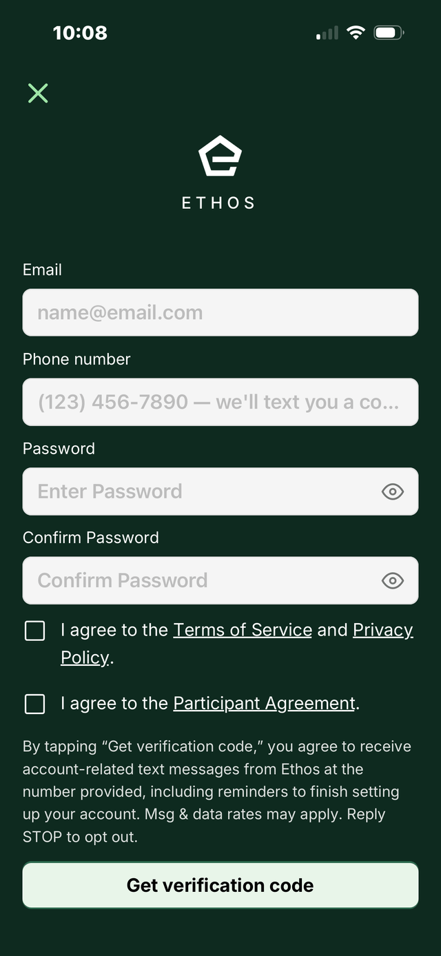 Ethos app signup screen showing the SMS consent disclosure above the Get verification code button